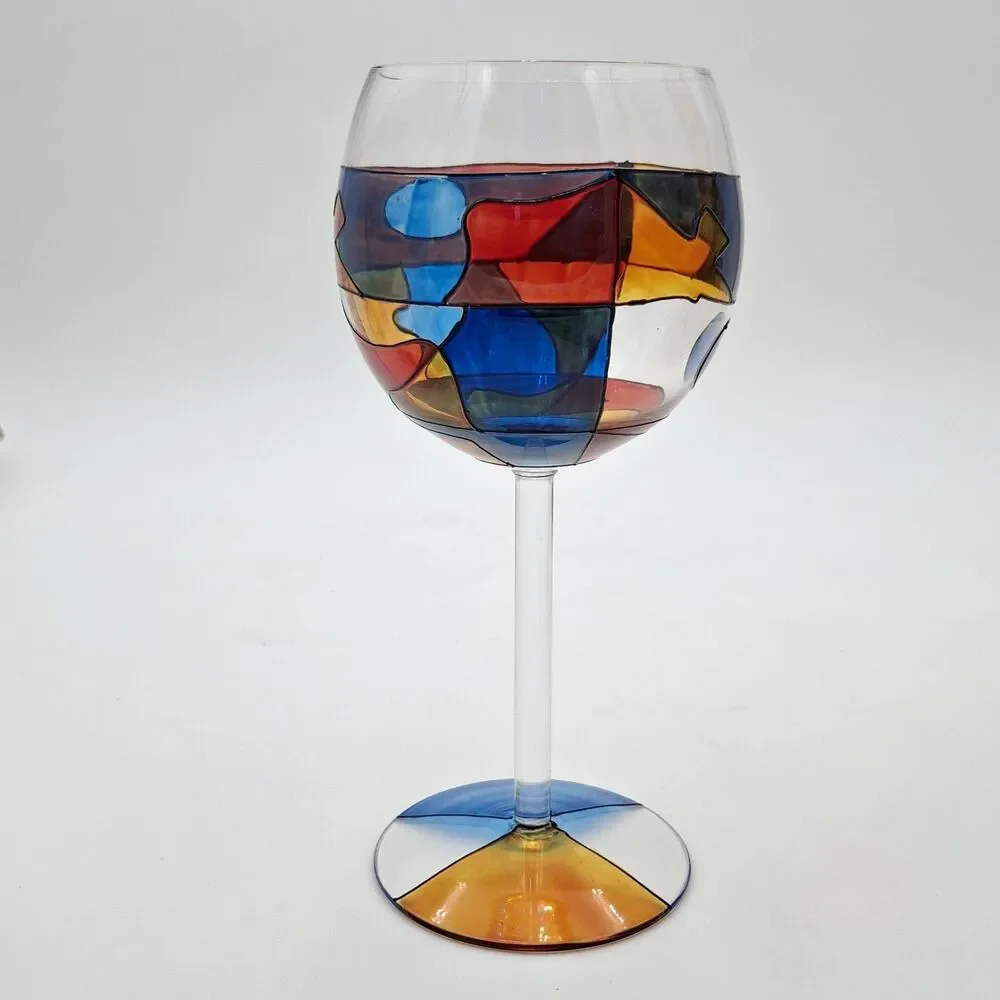 Colorful Hand painted Stemmed Wine Glass  8 3/8